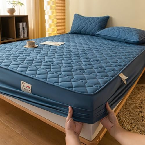 KnSam Blau Betttuch 90x200cm Deko, Herz Muster Spannbettlaken Gesteppt Einfarbig Matratzenschutz, Polyester Baumwolle Tagesdecken Unterbett als Schutz für Boxspringbett & Topper