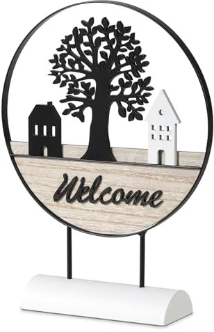 QILICZ Welcome Dekorationsschild Dekokranz mit Lebensbaum und schwarz-weißes Haus stehend personalisiert Herzlich Willkommen Dekokranz ø24x32cm als Geschenk und Dekoration