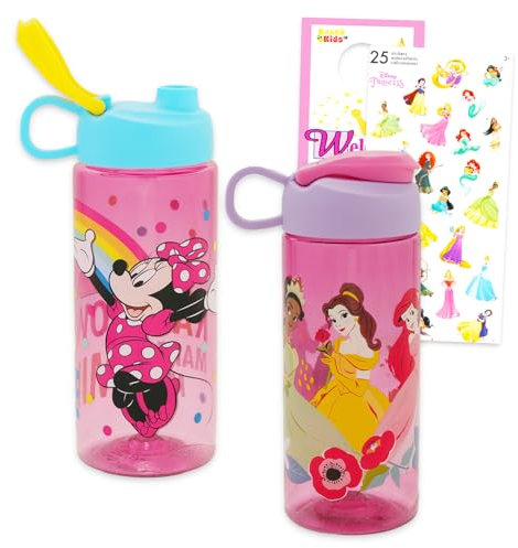 Disney Water Bottle Set for Kids – Bundle with 2 Drinking Bottles Featuring Princesses and Minnie Mouse Plus Stickers, More | Disney Drinking Cups for Girls