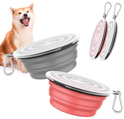 Pawaboo Collapsible Dog Bowls 2 Pack, Silicone Feeding Watering Bowls with Lids & Carabiners for Dogs Cats, Portable Water Feeder Food Bowl for Walking Traveling Home Use, Light Pink + Grey