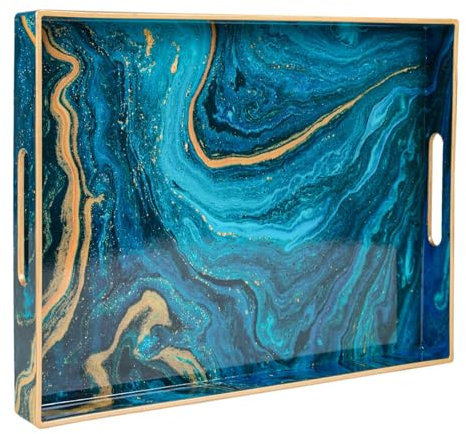 Heaven4you Luxury Blue and Gold Swirl Decorative Serving Tray with Abstract Marble Design, Glossy Finish, and Gold Trim | Elegant Organizer or Food Tray for Coffee Table, Bar or Dining Room