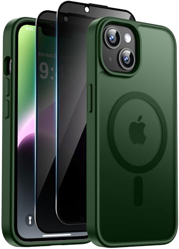 Helssitot Coque pour iPhone 13 / iPhone 14 avec Verre Trempé Anti-Espion | Vert Foncé, Magnétique Compatible avec Mag Safe Militaire Étui Housse Antichoc Bumper Militaire 6,1 Pouces