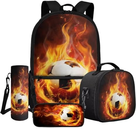 Dngkaoje Ensemble sac à dos d'école imprimé pour enfants, garçons et filles, ensemble de sac à dos 4 en 1 pour la rentrée scolaire, Ballon de football Cool Flame