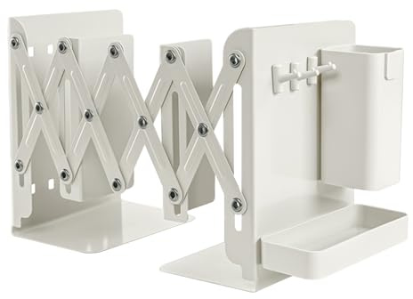 Buchstützen, Verstellbar Buchstützen, Buchstütze mit Stifthalter, Einer Aufbewahrungsbox und 3 Haken Geliefert, Ausziehbar bis zu 45cm, rutschfeste Bookends für Zuhause, Büro, Schule (Weiß)