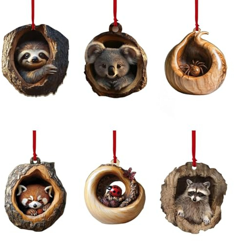 Weihnachtsbaumschmuck Tiere, 6 PCS Weihnachten Acryl Tier Dekor, Christbaumschmuck Tiere, Weihnachtsschmuck, Eule, Koala, Papagei, Waschbär... für Weihnachtsbäume, Heim- und Autodekorationen (B)