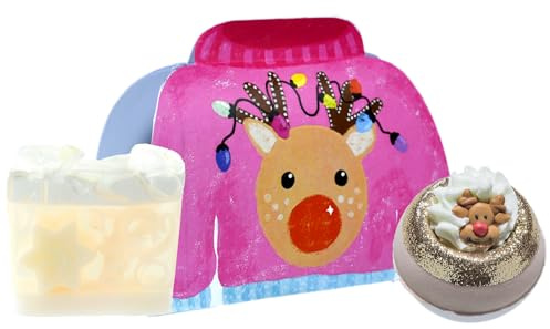 Bomb Cosmetics Christmas Bath Gift Set – Soap Bar & Bath Bomb with Essential Oils – Vegan, Cruelty-Free, Festive Jumper Box Pamper Gift (Prancer & Dancer)