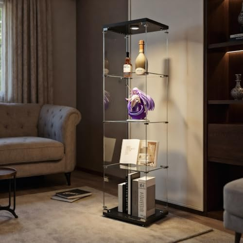 TIMORWTF Glasmonter med LED-lampor, modern rustning skåp med 4 hyllor och dörr, väggskåp för samling, sovrum, vardagsrum och matsal, svart