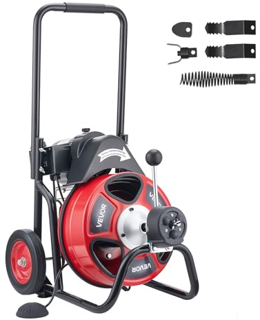 VEVOR Sturatubi Elettrico 30 m x 9,5 mm, Sonda per Fognature con Avanzamento Automatica su Ruote Portatile, 4 Lame e Interruttore a Pedale, per Tubi con Diametro da 5 a 10 cm, per Scarichi e Lavandini