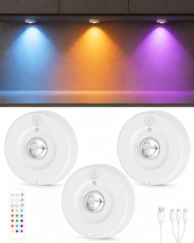 USB Aufladbar LED Spots Akku, 3 Stück RGB Vitrinenbeleuchtung LED, Weiß | kabellos unterbauleuchte mit fernbedienung, dimmer, timer, 1800mAh, magnet puck lights schrankbeleuchtung für küche Halloween