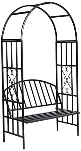 LoogCape trädgårdsrosbåge med sittbänk av väderbeständig metall, 114 x 57 x 210 cm, perfekt som pergola, växtstöd, genomgång eller lövgång för blommor, vin, murgröna och clematis, väderbeständig och