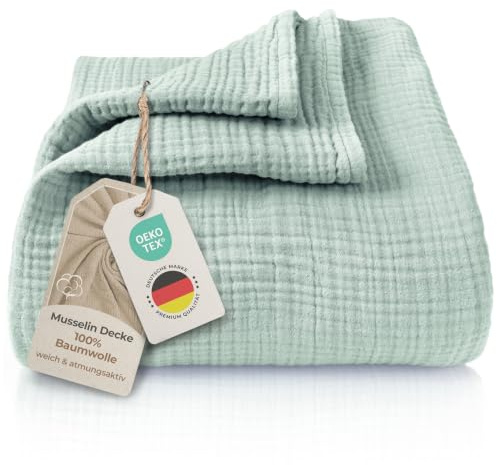 LAYNENBURG Premium Musselin Tagesdecke 150x200-100% Baumwolle - extraweiche Baumwolldecke als Kuscheldecke, Bett-Überwurf, Sofa-Überwurf, Couch-Überwurf - warme Sofa-Decke (eukalyptus)
