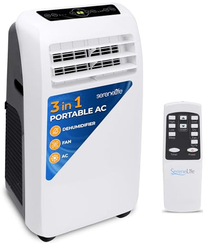 SereneLife SLPAC10 SLPAC 3-in-1 Portable Air Conditioner with Built-in Dehumidifier Function,Fan Mode, Remote Control, Complete Window Mount Exhaust Kit, 10,000 BTU, White