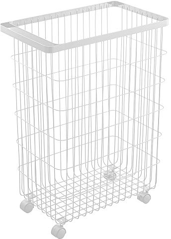 Yamazaki 4776 TOWER Laundry Basket With Wheels, white, Steel/Nylon, Minimalist, 28 x 46.5 x 61 cm
