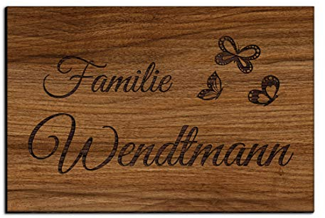 Holz Türschild mit Gravur | Namensschilder Briefkastenschild selbstklebend oder mit Bohrlöcher 12x8 cm eckig Klingelschild/Türschild für die Haustür mit Namen