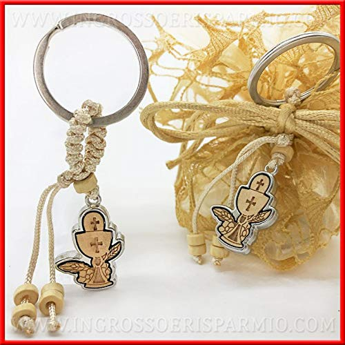 Ingrosso e Risparmio 12 Portachiavi a Forma di Calice ed Ostia in Metallo e Legno con Laccetto e Perline, ricordini, Piccoli pensierini Prima Comunione (con Confezione Bianca)