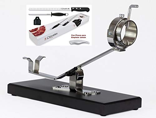 Hidalgo Soporte Jamonero basculante + Set Profesional 3 Claveles Cuchillo, Chaira y Pinza + Cubre jamón de Regalo