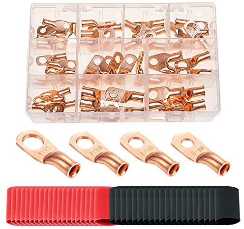 Capicorda in rame per impieghi gravosi di Ampper, set di connettori terminali in rame a crimpare 40 pezzi di tubo termorestringente (8 Awg, 1/2, 3/8, 5/16 e 1/4 di anello, 40 pezzi)