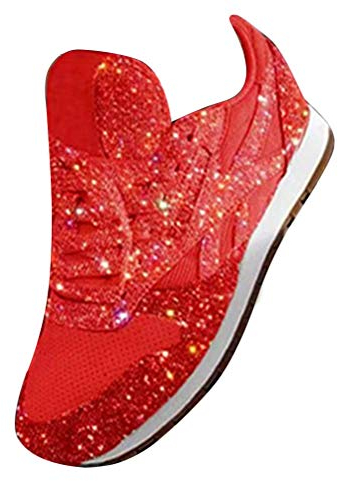 Tomwell Damen Sneaker Pailletten Glitzer Flach Schuhe Freizeit Schnürer Sportschuhe Glänzende Schuhe Laufschuhe Sneaker Rot 41 EU