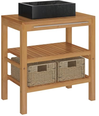 vidaXL Teak Massiv Waschtisch mit Waschbecken Badmöbel Waschschale Aufsatzwaschbecken Unterschrank Waschbeckenunterschrank Badschrank Marmor Schwarz