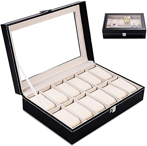 TWBEST Scatola Porta Orologi,Scatola per orologi con 12 Scomparti,Organizer per orologi con specchio,Cuscinetti Rimovibili,Scatola di orologi con Fibbia in Metallo,Nera pelle