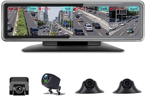SZKJ 12 inch touch screen 360-degree panoramic car dash cam rear view mirror with 4 CHs AHD recording camera Left right front and rear DVR video recorder