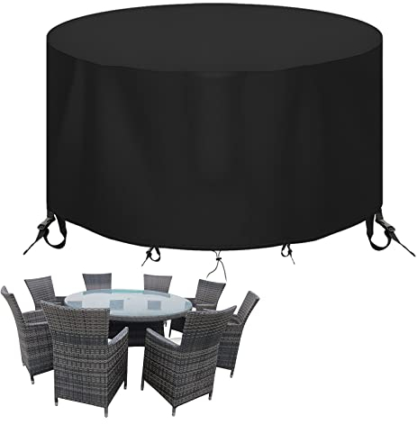 Moistu Round Patio Table Cover - Heavy Duty 600D Garden Furniture Covers Waterproof - Outdoor Rattan Table and Chair Set Protector Windproof Anti-UV Rip Proof, Ø230 x 100cm, Black