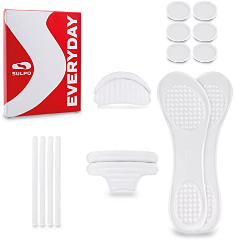 SULPO Einlagen Set - Antirutsch Geleinlagen - Linderung von Fußschmerzen - Antislip Silikon Multi – Use Fersenkissen, Einlage, Silikon Riemen, Fußpflaster - Einlegesohlen für Absätzschuhe
