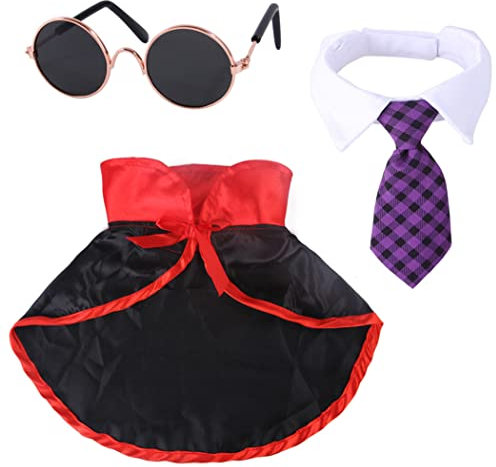 XIAOYU 3 Stück Halloween Hund Kostüme Haustier Krawatte Hexe Umhang Zauberer Hut Katze Brille für Kleine Hunde Katzen Halloween Cosplay Party Dekoration,Lila,S