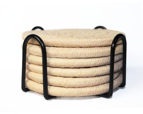 Coasters for Drinks, Vintage Woven Coasters for Table Protection, Water Absorbent Coaster Set, Handmade Braided Fabric Coasters Heat-Resistant (Khaki(With Holder), 6)
