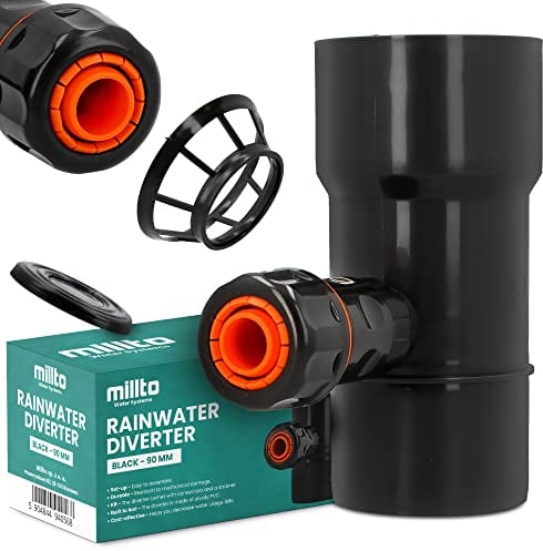 Millto™ Dachrinnenablauf für Regentonne DN Ø90 mm Schwarz | Regenwasser Regentonne Fallrohr Regensammler Speedy Regenwassersammler für Fallrohre Fallrohrfilter Gartenschlauch Anschluss Schnellkupplung