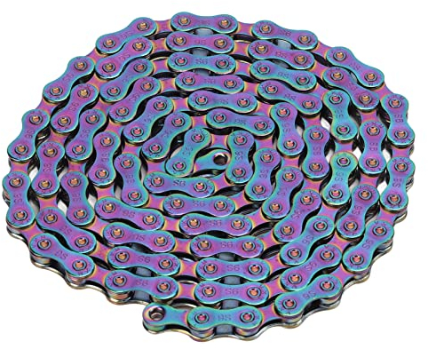Tissting 9 Speed Bicycle Chain with Hook and Loop Colorful Electroplating Mountain Bike Chain Double X Bridge Design Carbon Steel MTB Bike Chain for Road Mountain Bike