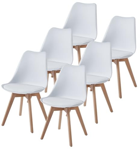 TEENO Chaises Salle à Manger, Chaise Scandinave Lot de 6, Chaise Bureau, Chaise Cuisine Lot de 6, Chaise de Salon, Chaise Blanche et Bois