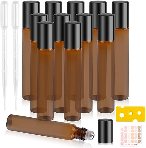 HMIEPRS 12 Pcs 10ml Essential Oil Roller Bottles, Amber Refillable Rollerball Bottle with Stainless Steel Roller Balls for Fragrance Cosmetics Aromatherapy (Included 1 Opener, 2 Droppers, 2 Labels)