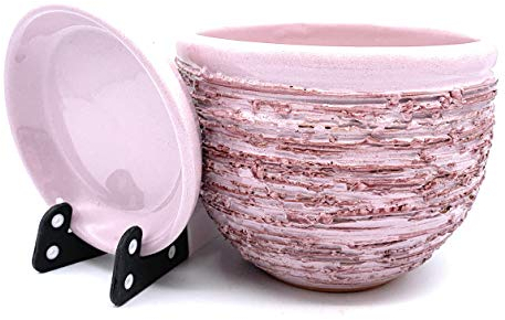 Pot de fleurs en céramique émaillée avec soucoupe avec bac d'égouttement assorti (30 cm x 22 cm, Roze)