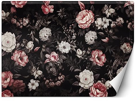 Premium Vinyl Fototapete Shabby Chic Retro Vintage 250x175 cm XXL Wandtapete Tapeten Wohnzimmer Schlafzimmer Jugendzimmer Büro Flur Hotel Spa Moderne Design Wand Dekoration Blumen Schwarz