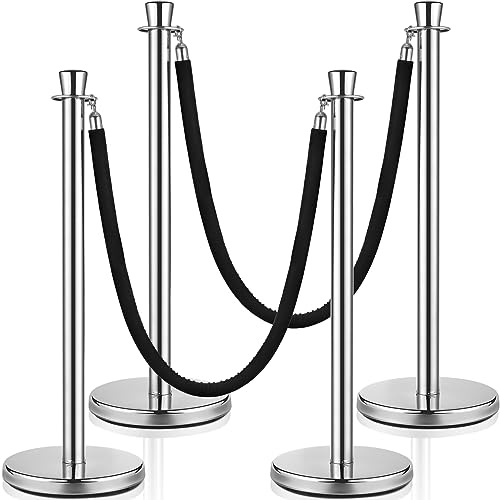 Wesiti Silver Crowd Control Stanchions Stainless Steel Stanchion Post Queue 5 ft Black Velvet Rope Safety Barriers Red Carpet Ropes and Poles Crowd Control Barriers for Party Theater Hotels (4)