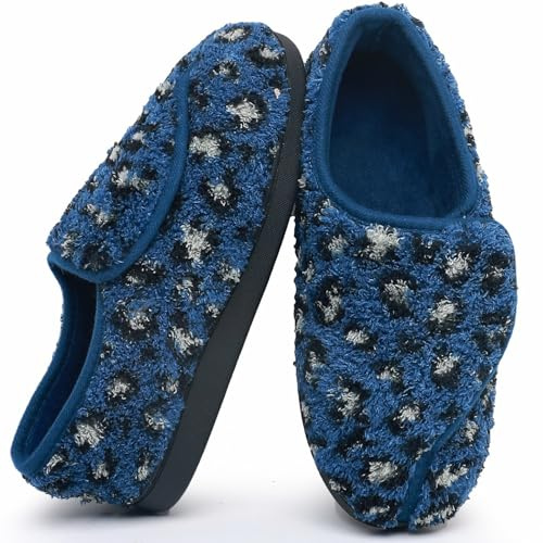 Git-up Pantoufles Diabétiques en Mousse à Mémoire de Forme pour Femmes Arthrite Œdème Chaussons Confortables Réglables Bout Fermé, LeopardBlue 7