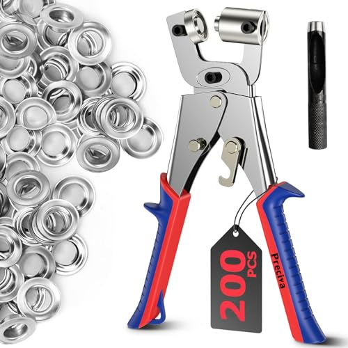 Preciva Pinze per Occhielli per Teloni e Tessuti, Kit Professionale per la Posa di Occhielli con 200 Occhielli (Diametere interno 10 mm), Incluso Dispositivo di Blocco per Sicurezza