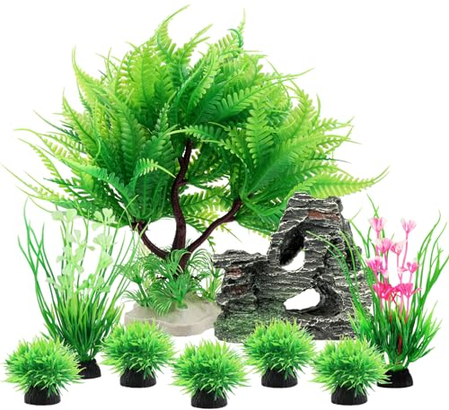QUOZUO Aquarium künstliche Pflanzen Dekoration, 9 Stück Grün Aquarium Kunststoffpflanzen mit Harz Höhle Fisch Tank zubehoer