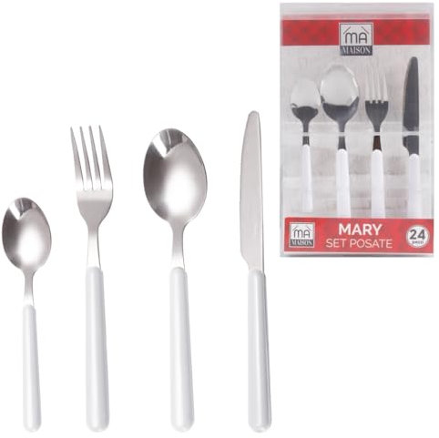 Maury's Set Di Posate Maury's, Confezione da 24 Pezzi, Realizzate In acciaio Inox Con manico Colorato, Ideali per ogni Occasione (Mary, Bianco)