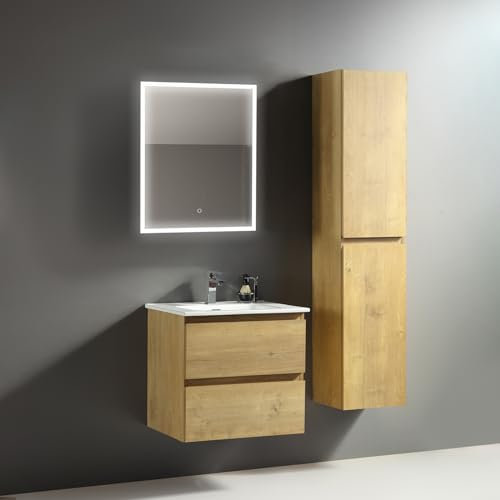 Alpenberger Badezimmermöbel Badmöbel Set | Waschbecken mit Unterschrank 60 cm Breit | Badschrank Hochschrank | Badezimmerspiegel mit Beleuchtung | Led Spiegel Bad (Vivento 60 Eiche N)