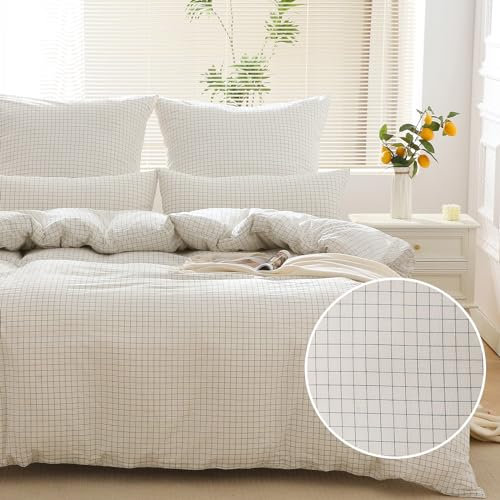 SOULFUL Bettwäsche 155x220 Baumwolle Gitter, 100% Gewaschene Baumwolle Weiß Bettwäsche-Sets mit Leinenartigem Griff Enthält 1 Bettbezug 155x220 und 1 Kissenbezüge 80x80