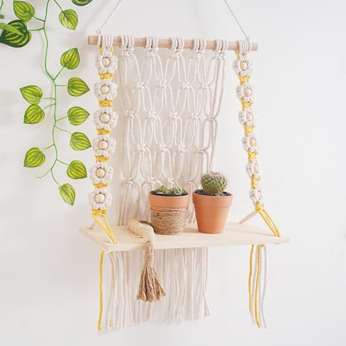 Magiho® Boho Deko, Holz Makramee Wandbehang, Wandregal zur Dekoration, Balkon Büro Kinderzimmer Badezimmer Wohnzimmer handgewebtes Boho Wanddeko, Makramee Regal