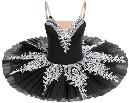 IBAKOM Schwanensee-Tanzkostüm für Damen, Blumenspitze, Tutu, Ballett, Turnanzug, Pfannkuchenrock, Ballerina-Tanzkleid, Schwarz, X-Groß