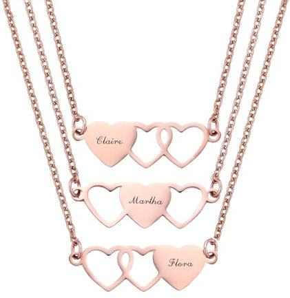 INBLUE Personalized Heart Matching Necklace Custom Name 2/3/4 Pieces Set of Stainless Steel Heart-Shaped Necklace for BFF Sisters Friendship Jewelry Gift for Women - Rose Gold & 3 Pcs