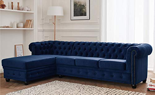 Lisa Design William - Chesterfield Ecksofa Links - 4 Sitzplätze - aus Samt Nachtblau