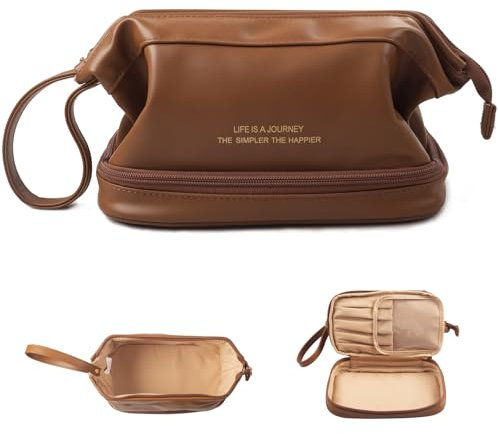 Abiudeng Travel Makeup Bag Toiletry Bags for Women Large Make up Organiser Bag with Brush Compartments Portable for Travel- Brown