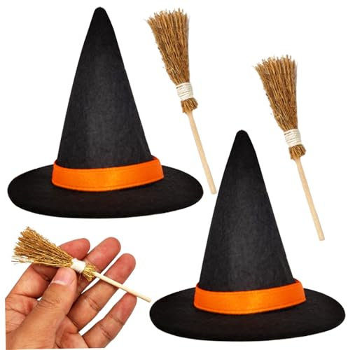 4PCS/Set Witch Hat and Witch Broomstick, Felt Cloth Mini Witches Hat and Witches Broom Sets, DIY Halloween Craft Supplies for Halloween, Christmas, Dollhouse Decorations, Black