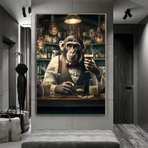 KEMEIQI Tenant un verre de vin singe gorille abstrait fumer affiche d'art mural impression décor animal salon art toile peinture 50x70 cm sans cadre