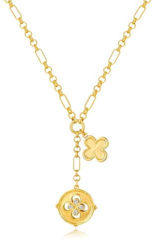 WOWORAMA Chaîne en or avec pendentif en forme de pièce de monnaie pour femme - Plaqué or - Pendentif feuille porte-bonheur - Collier ras du cou doré, Laiton